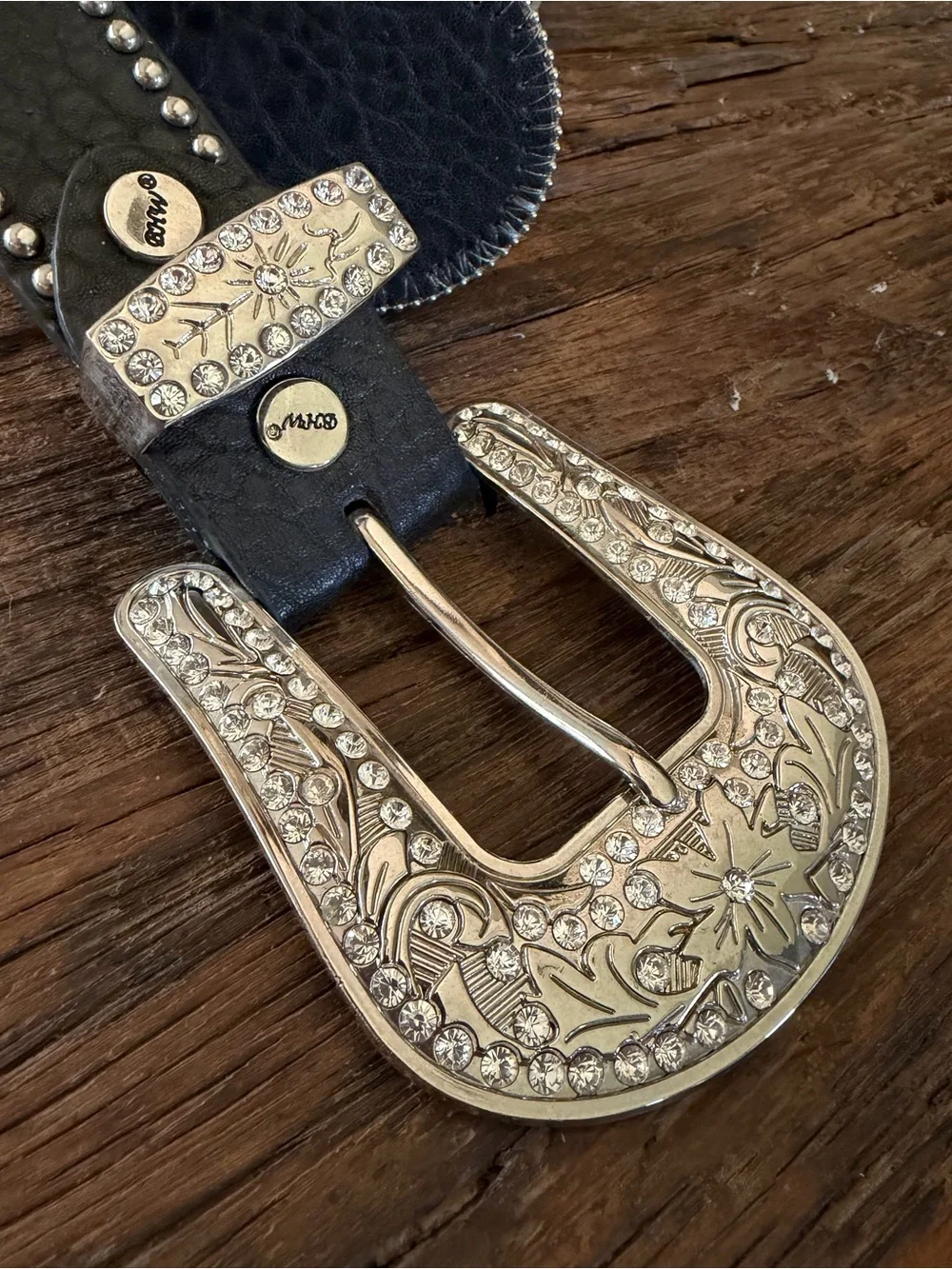 Women's Black Crystal Western Belt with Ornate Silver Buckle small
